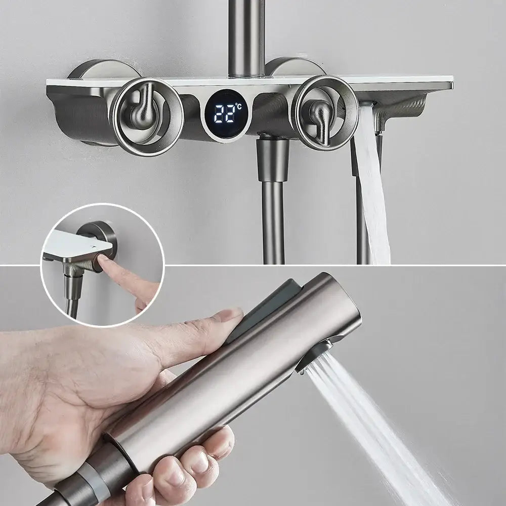 Modern matte black & grey digital shower faucet set bathroom rainfall