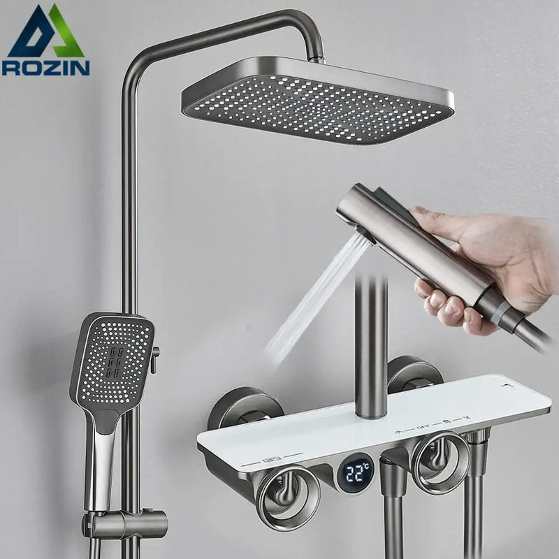 Modern matte black & grey digital shower faucet set bathroom rainfall