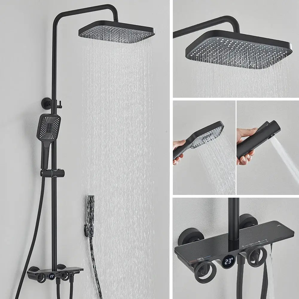 Modern matte black & grey digital shower faucet set bathroom rainfall