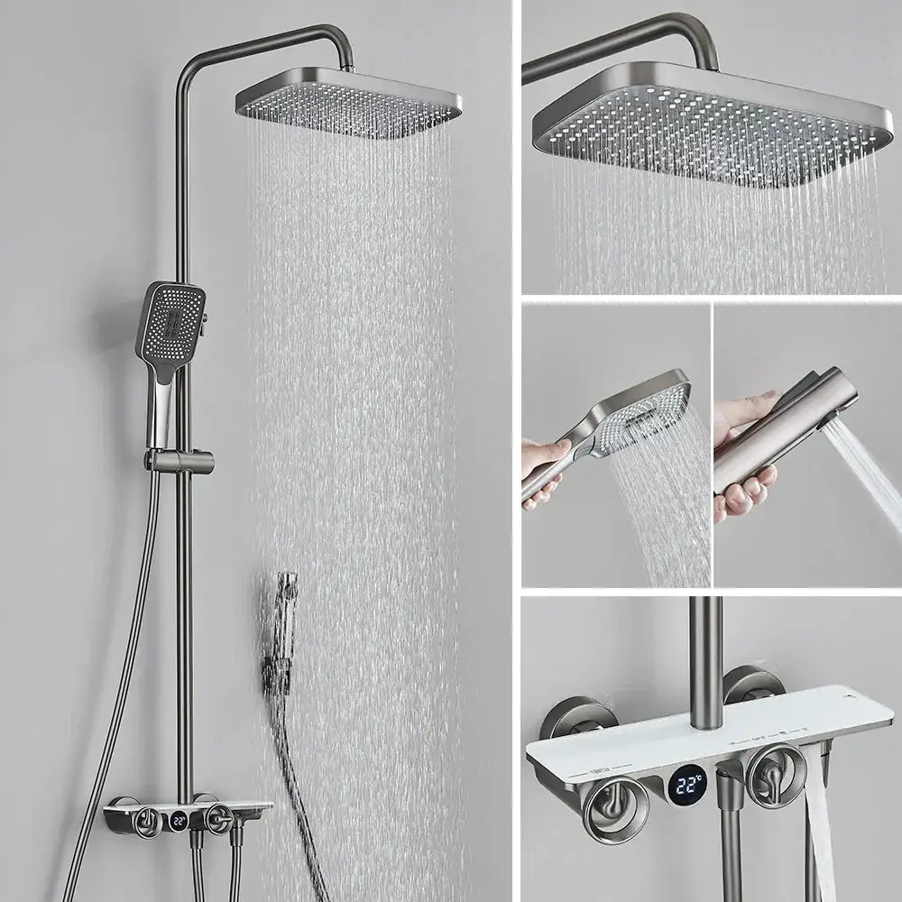 Modern matte black & grey digital shower faucet set bathroom rainfall