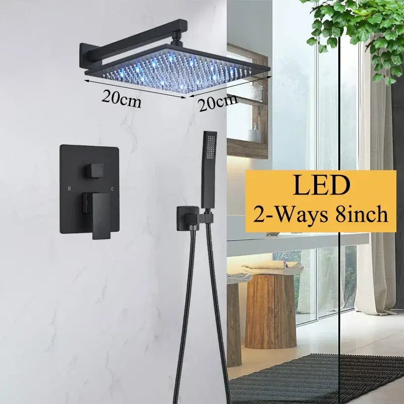 Modern matte black led rainfall shower faucet set bathroom fixture