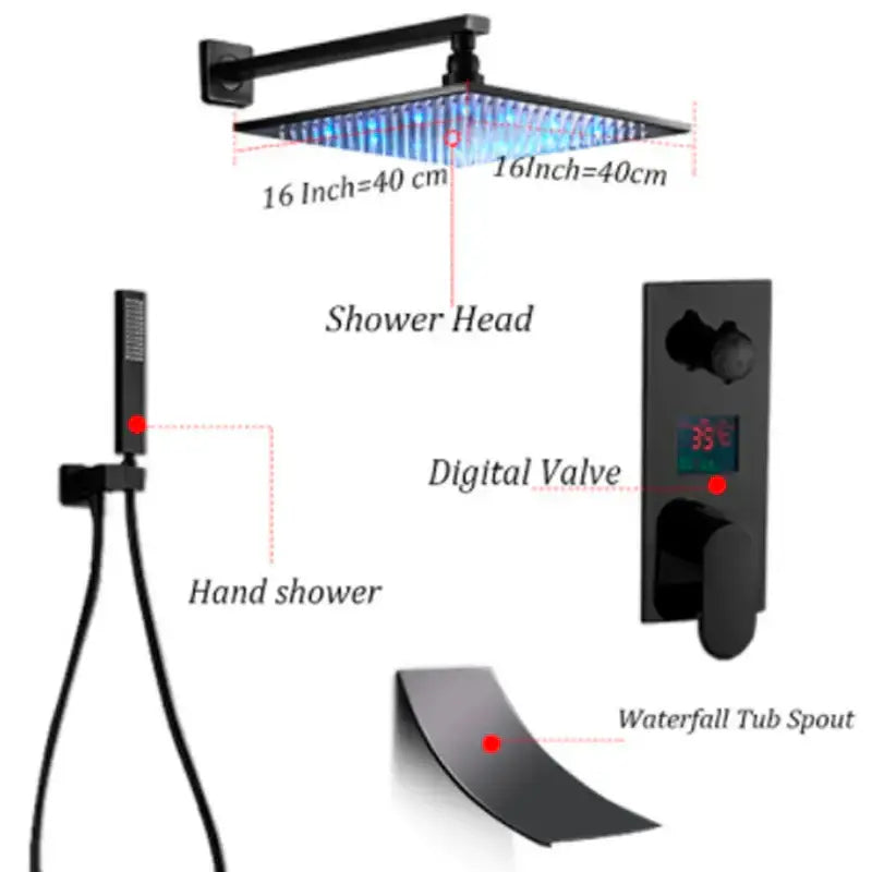 Modern matte black led rainfall shower faucet set bathroom fixture