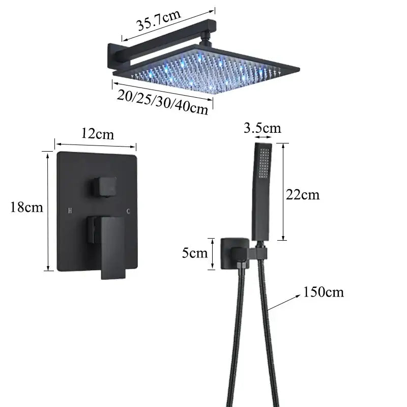 Modern matte black led rainfall shower faucet set bathroom fixture