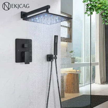Modern matte black led rainfall shower faucet set bathroom fixture