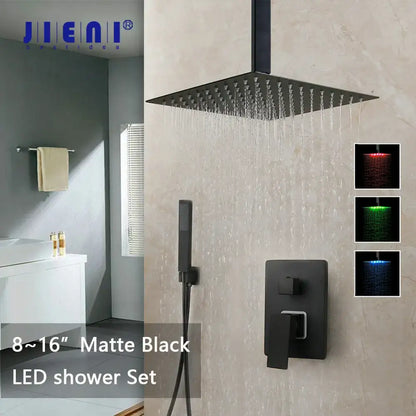 Modern matte black led shower faucet set bathroom rain head