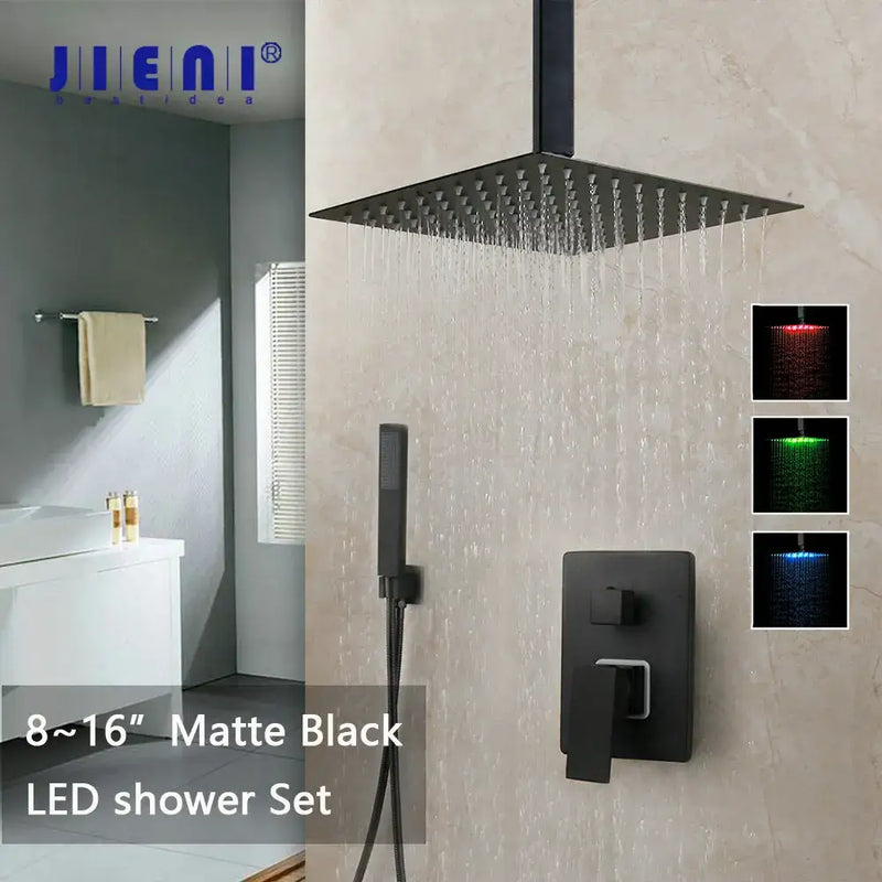 Modern matte black led shower faucet set bathroom rain head
