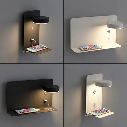 Modern matte black led wall lights with usb port bedroom shelf