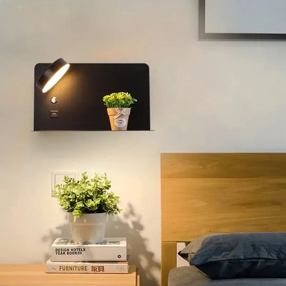 Modern matte black led wall lights with usb port bedroom shelf