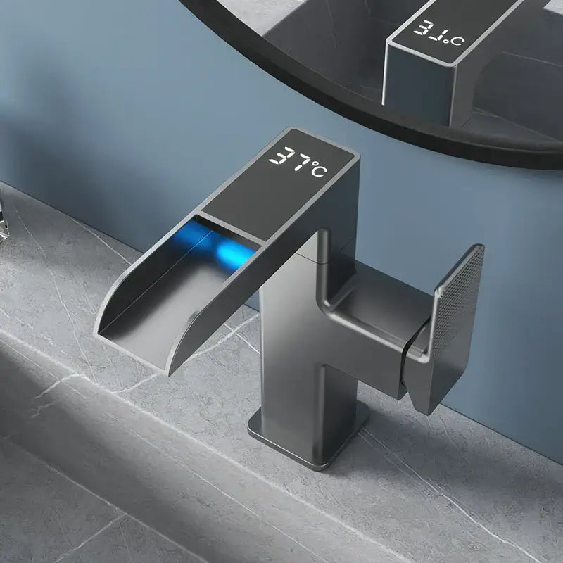Modern matte black led waterfall basin faucet bathroom temperature display