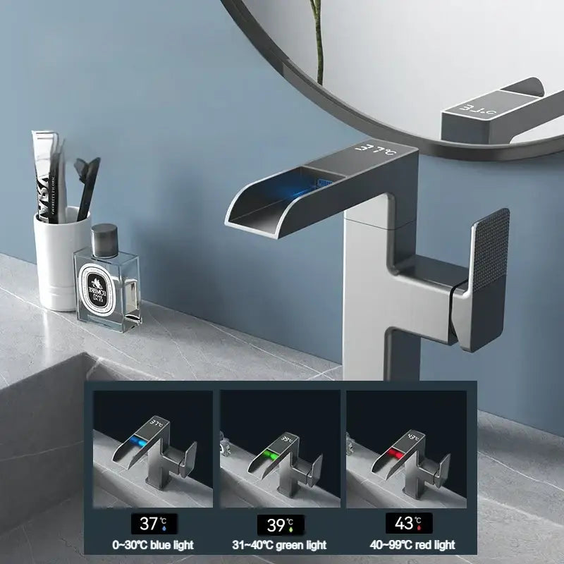 Modern matte black led waterfall basin faucet bathroom temperature display
