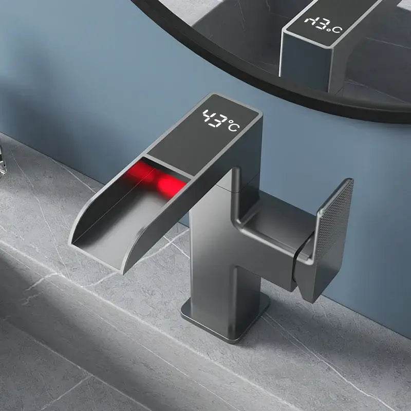 Modern matte black led waterfall basin faucet bathroom temperature display