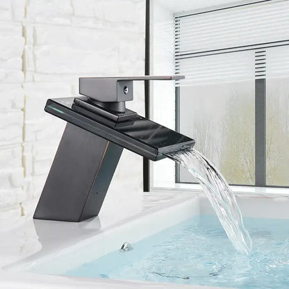 Modern matte black led waterfall bathroom sink faucet
