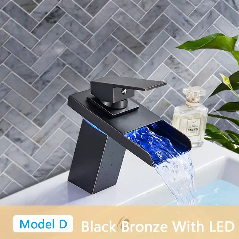Modern matte black led waterfall bathroom sink faucet