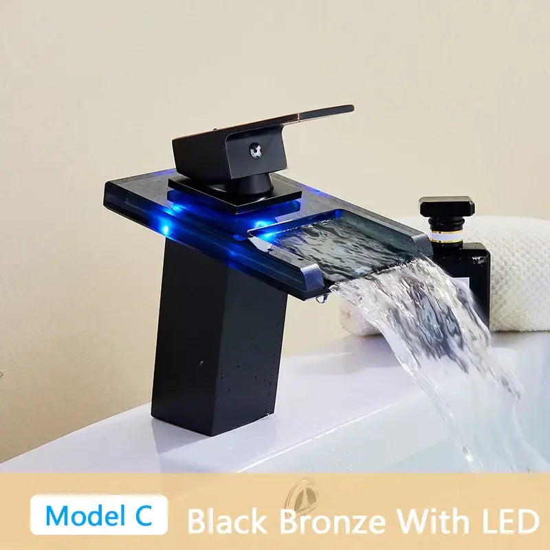 Modern matte black led waterfall bathroom sink faucet