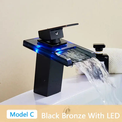 Modern matte black led waterfall bathroom sink faucet