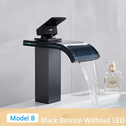 Modern matte black led waterfall bathroom sink faucet