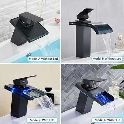Modern matte black led waterfall bathroom sink faucet
