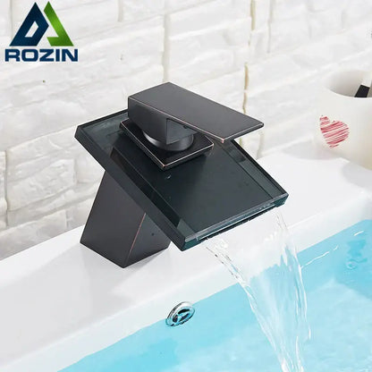 Modern matte black led waterfall bathroom sink faucet