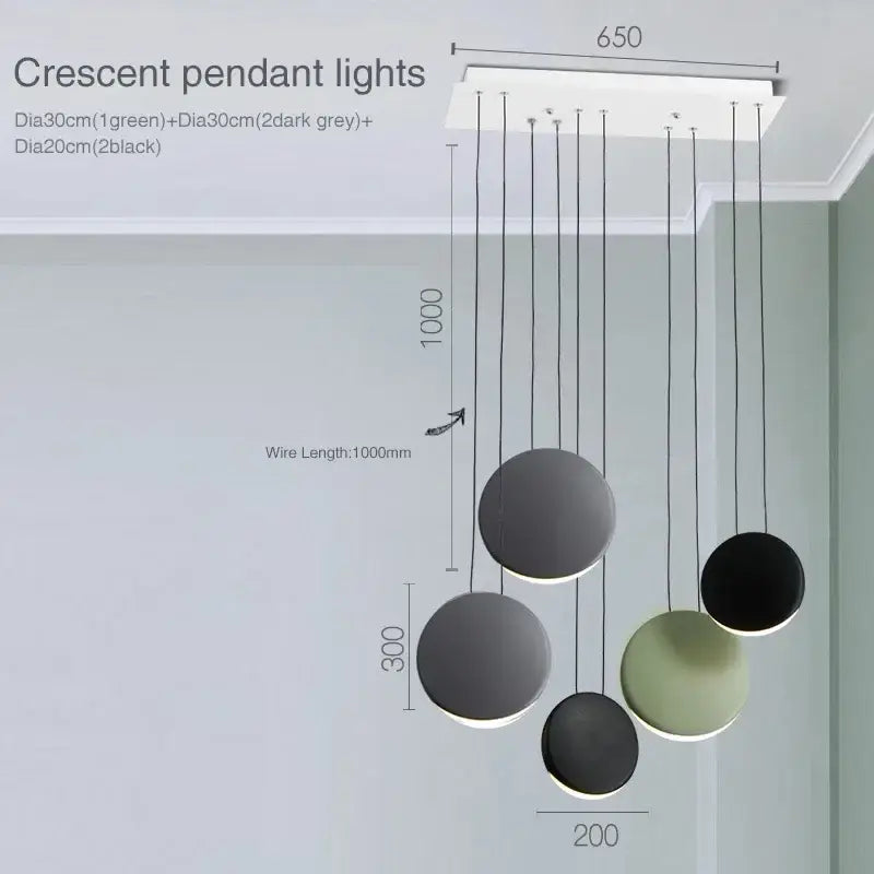 Modern matte black & muted green crescent moon chandelier dining room