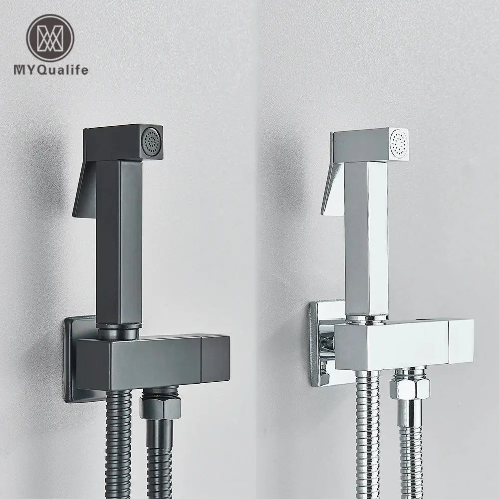 Modern matte black & polished chrome brass bidet faucet bathroom set