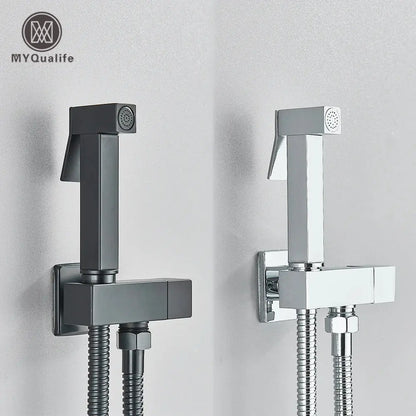 Modern matte black & polished chrome brass bidet faucet bathroom set
