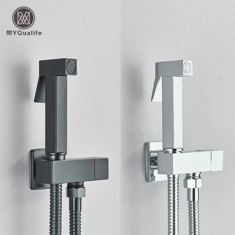 Modern matte black & polished chrome brass bidet faucet bathroom set