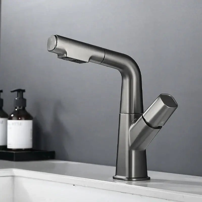 Modern matte black pull out brass basin faucet bathroom hot cold mixer