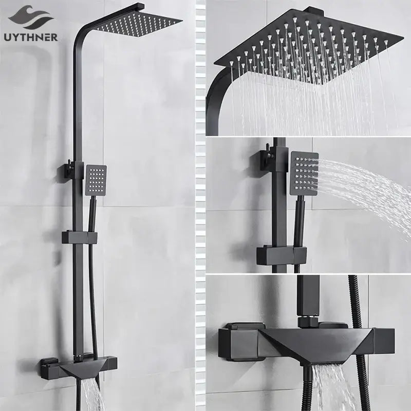 Modern matte black rain shower faucet set bathroom wall mount