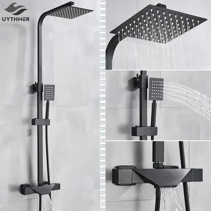 Modern matte black rain shower faucet set bathroom wall mount