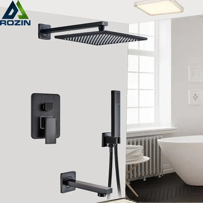 Modern matte black rain shower faucet with handshower for bathroom