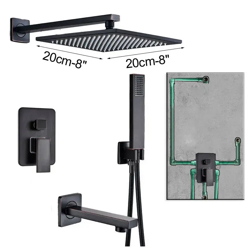 Modern matte black rain shower faucet with handshower for bathroom