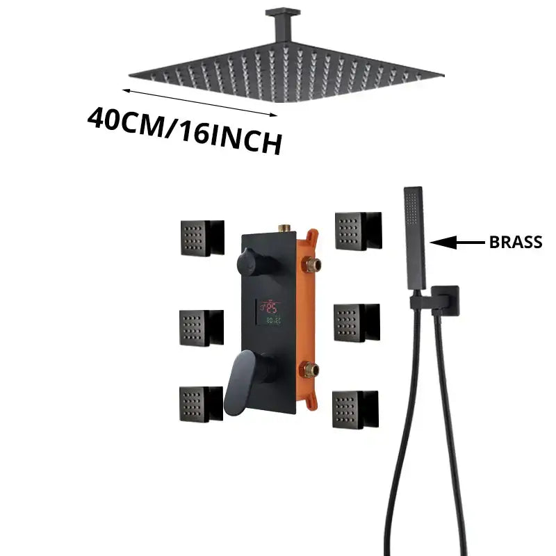 Modern matte black rainfall shower faucet with massage system bathroom