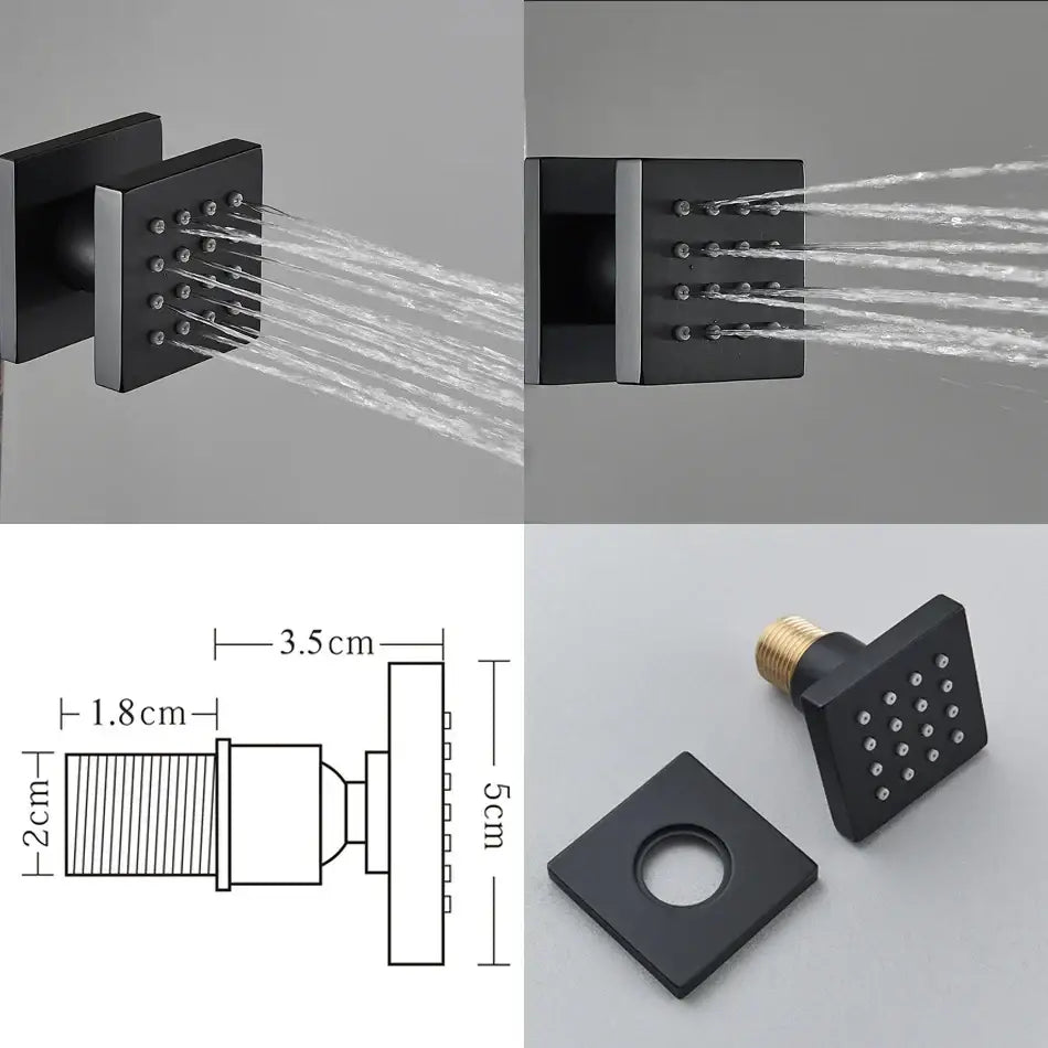 Modern matte black rainfall shower faucet with massage system bathroom