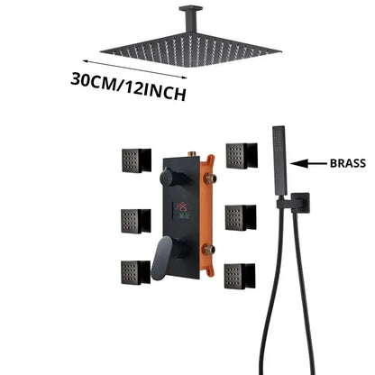 Modern matte black rainfall shower faucet with massage system bathroom