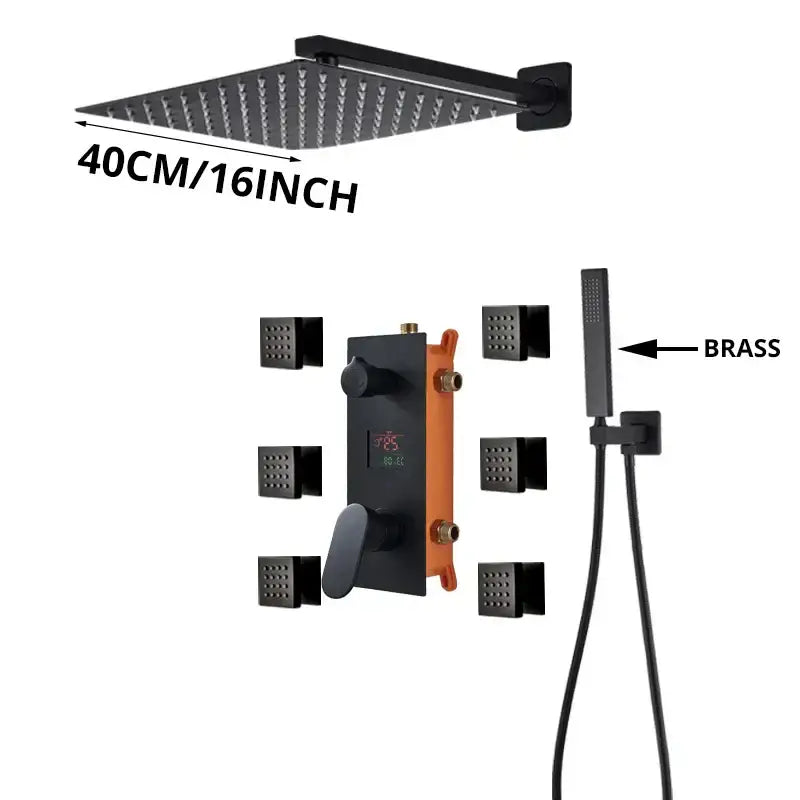 Modern matte black rainfall shower faucet with massage system bathroom