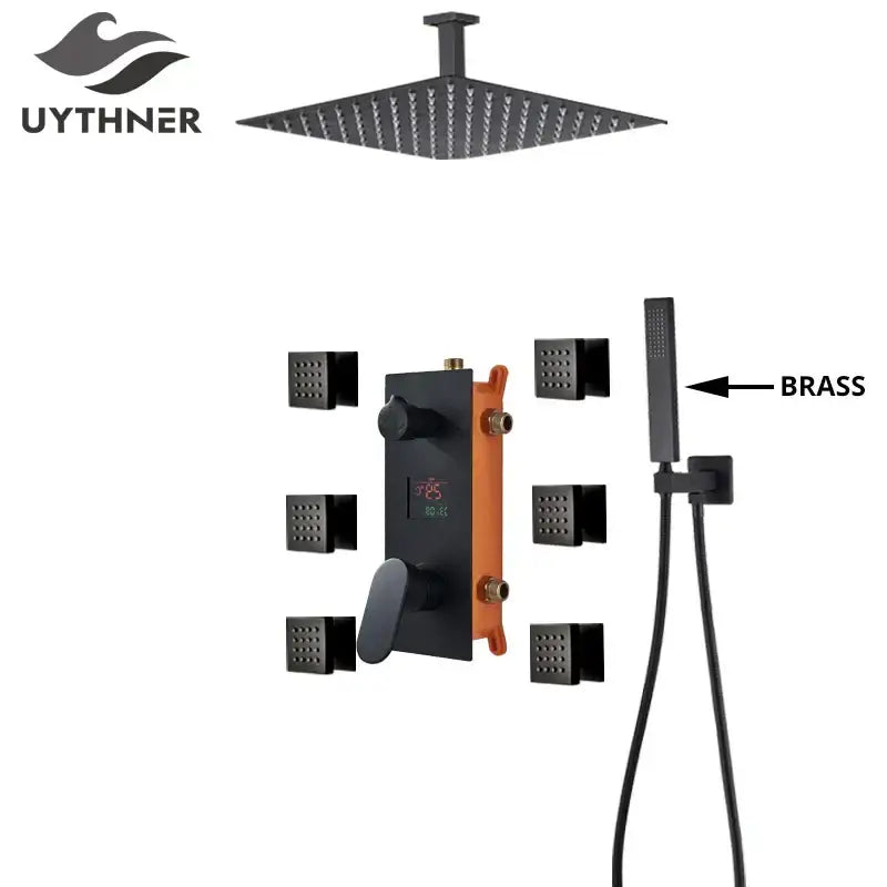 Modern matte black rainfall shower faucet with massage system bathroom