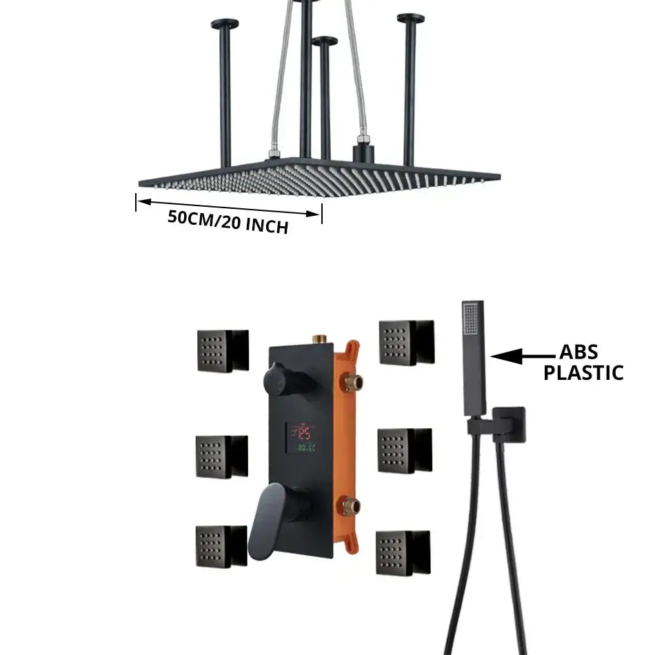 Modern matte black rainfall shower faucet with massage system bathroom