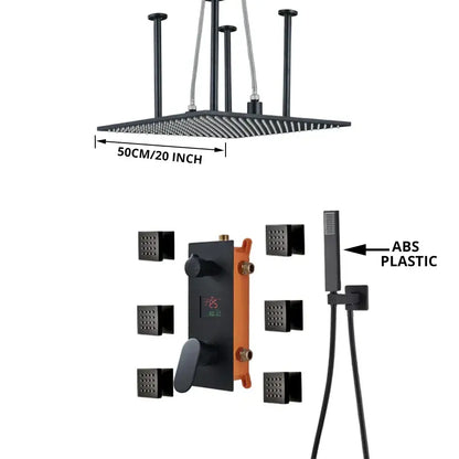 Modern matte black rainfall shower faucet with massage system bathroom