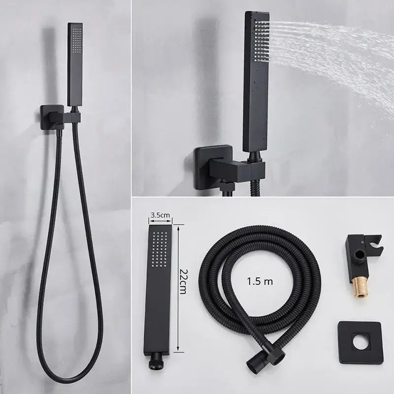Modern matte black rainfall shower faucet with massage system bathroom