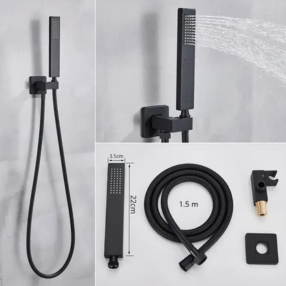 Modern matte black rainfall shower faucet with massage system bathroom