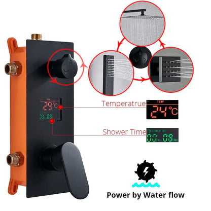 Modern matte black rainfall shower faucet with massage system bathroom