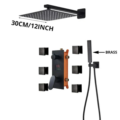 Modern matte black rainfall shower faucet with massage system bathroom