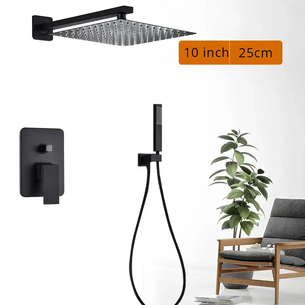 Modern matte black rainfall shower head and faucet bathroom set