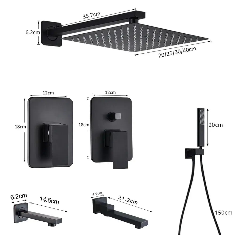 Modern matte black rainfall shower head and faucet bathroom set