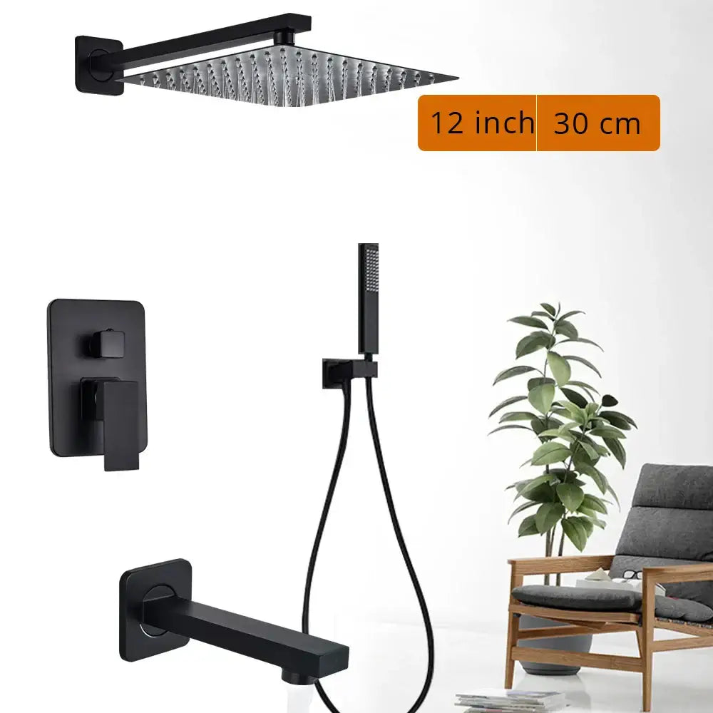 Modern matte black rainfall shower head and faucet bathroom set