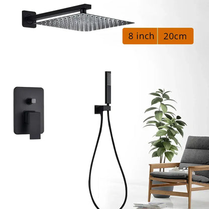 Modern matte black rainfall shower head and faucet bathroom set