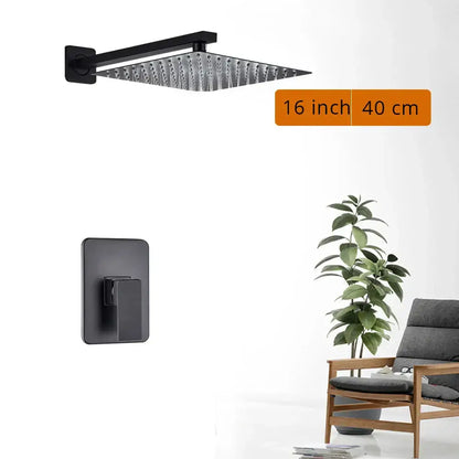 Modern matte black rainfall shower head and faucet bathroom set