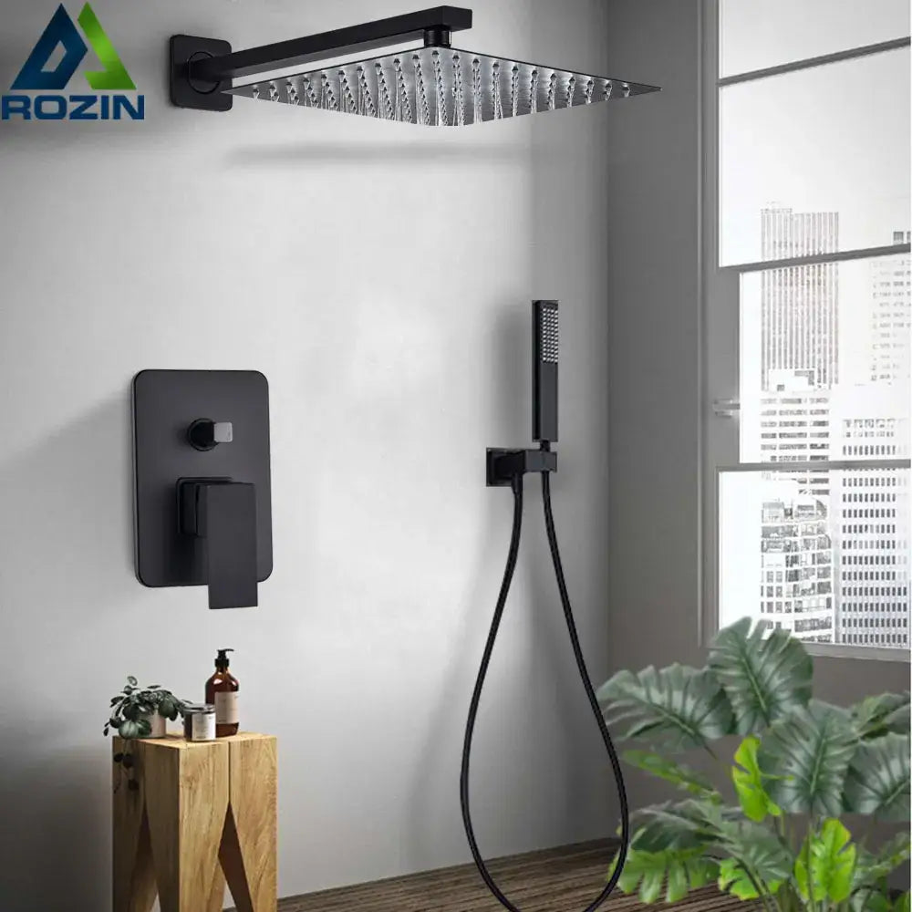 Modern matte black rainfall shower head and faucet bathroom set