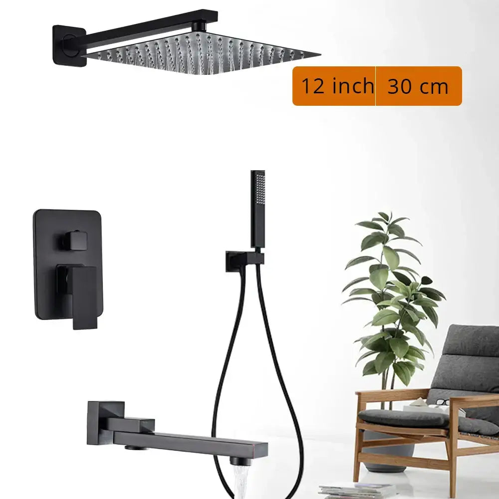 Modern matte black rainfall shower head and faucet bathroom set