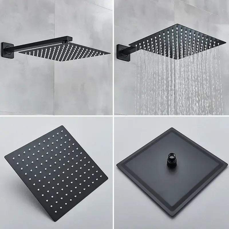 Modern matte black rainfall shower head and faucet bathroom set